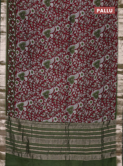Semi maheswari cotton saree deep wine shade and sap green with allover prints and zari woven border