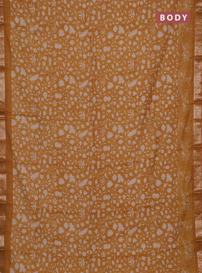 Semi maheswari cotton saree mustard yellow with allover prints and zari woven border