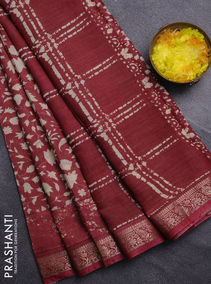 Semi maheswari cotton saree maroon with allover prints and zari woven border