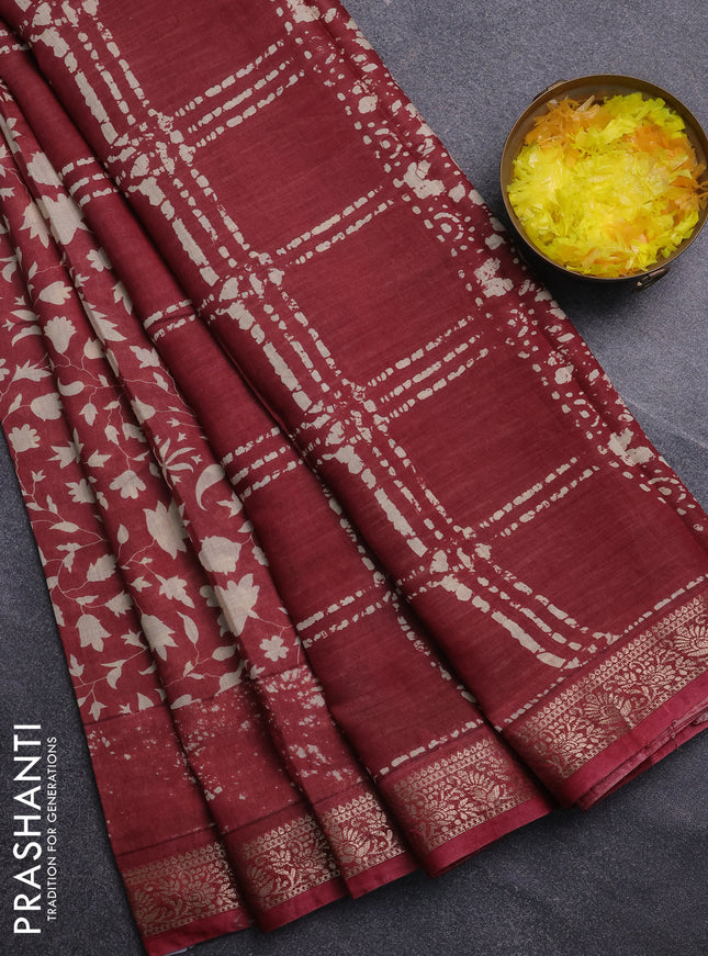 Semi maheswari cotton saree maroon with allover prints and zari woven border
