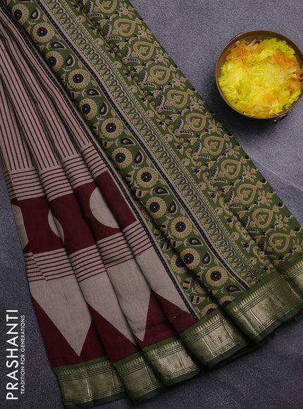 Semi maheswari cotton saree beige deep maroon and sap green with allover stripe prints and zari woven border