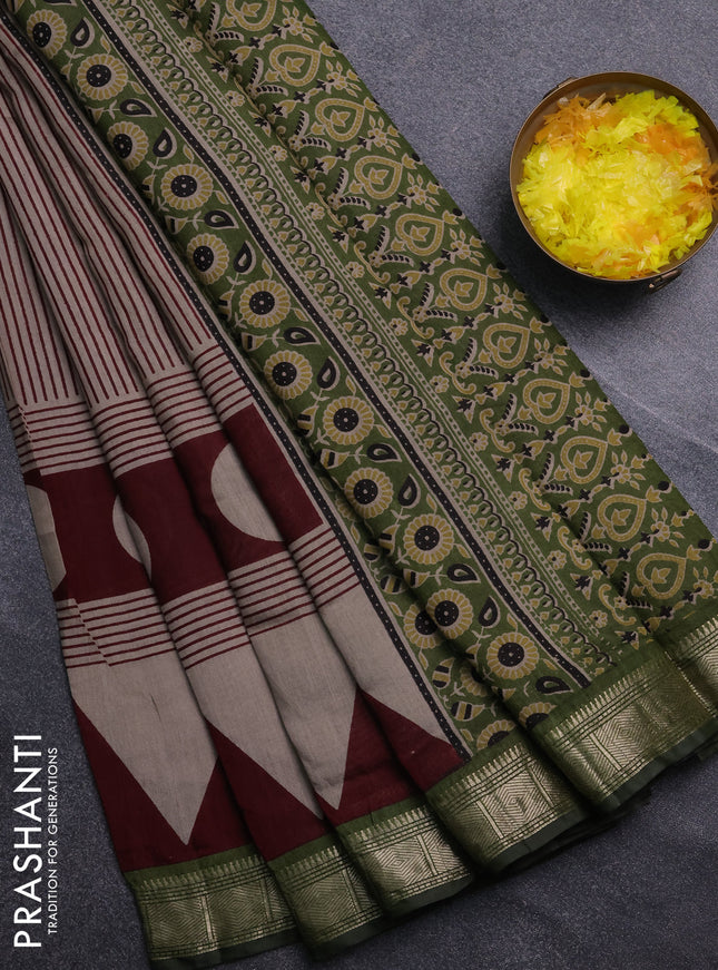 Semi maheswari cotton saree beige deep maroon and sap green with allover stripe prints and zari woven border