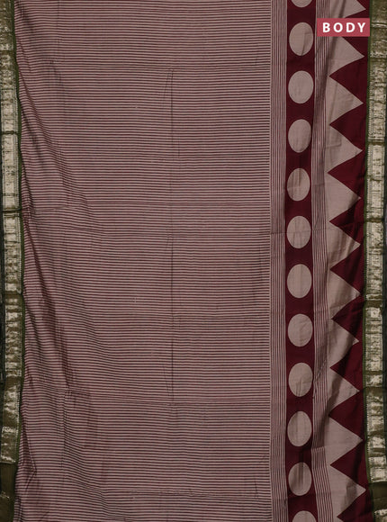 Semi maheswari cotton saree beige deep maroon and sap green with allover stripe prints and zari woven border
