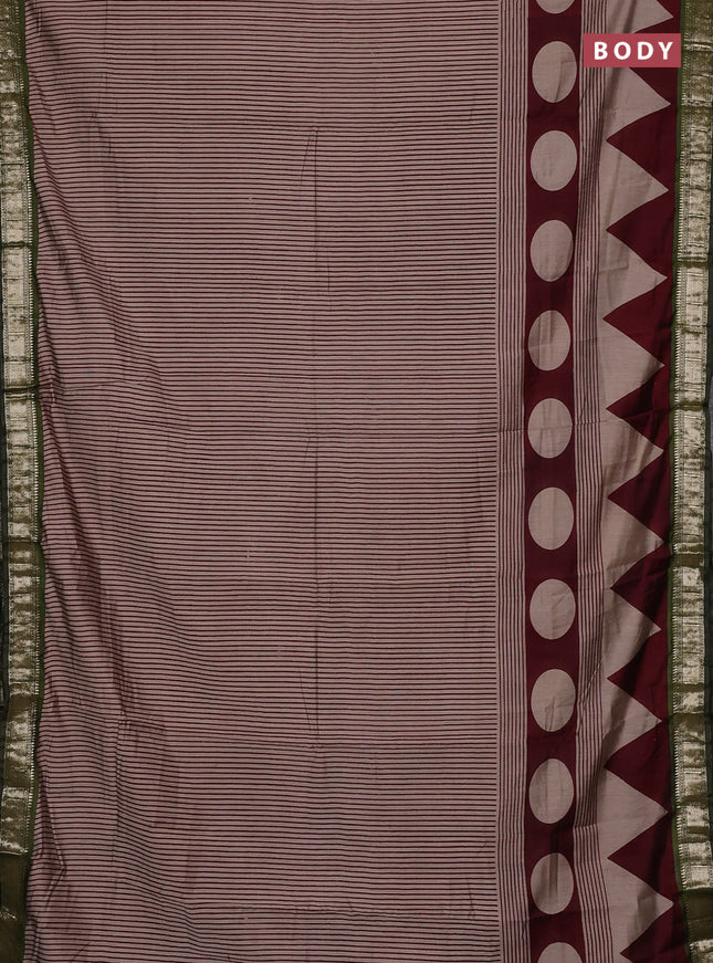 Semi maheswari cotton saree beige deep maroon and sap green with allover stripe prints and zari woven border