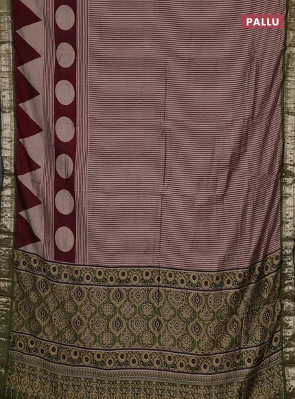 Semi maheswari cotton saree beige deep maroon and sap green with allover stripe prints and zari woven border