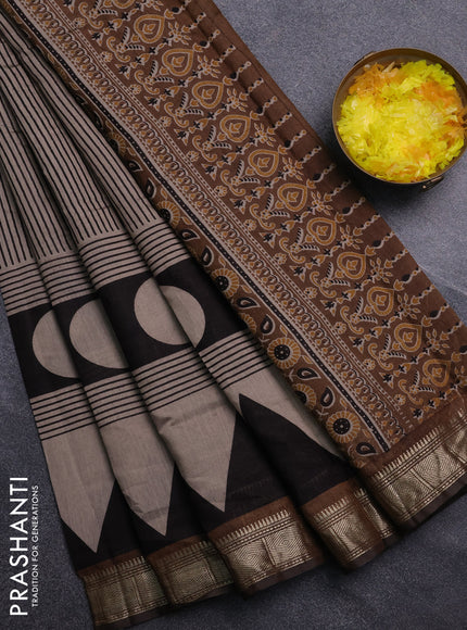 Semi maheswari cotton saree beige black and dark mustard with allover stripe prints and zari woven border