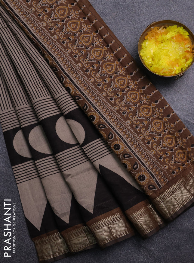 Semi maheswari cotton saree beige black and dark mustard with allover stripe prints and zari woven border