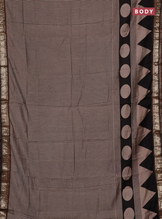Semi maheswari cotton saree beige black and dark mustard with allover stripe prints and zari woven border