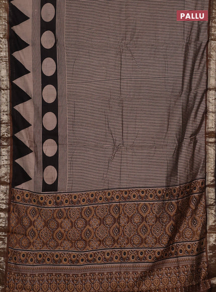 Semi maheswari cotton saree beige black and dark mustard with allover stripe prints and zari woven border