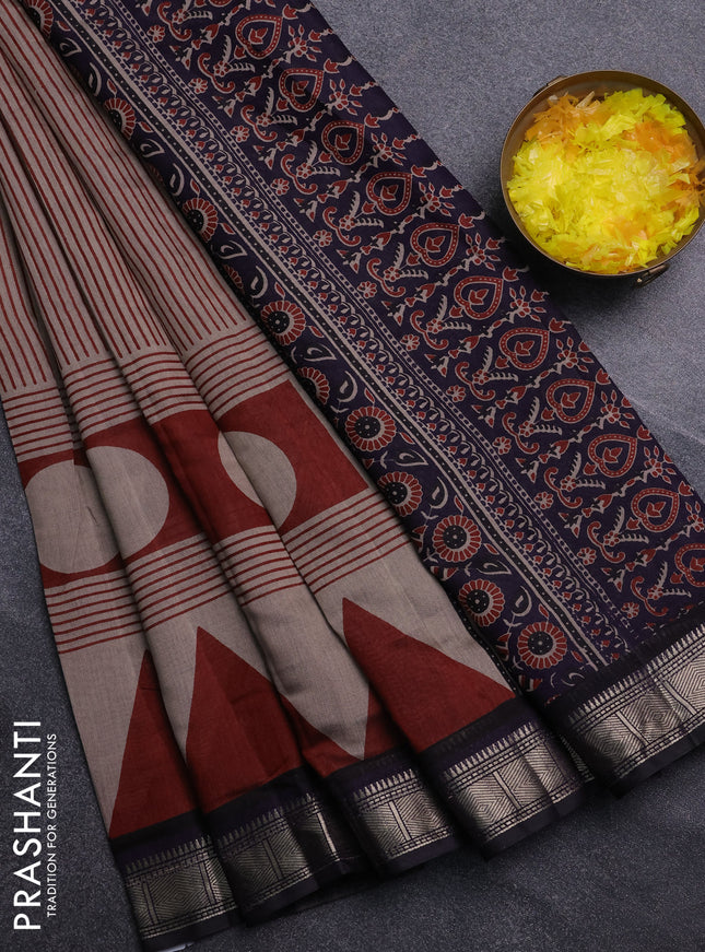 Semi maheswari cotton saree beige maroon and black with allover stripe prints and zari woven border