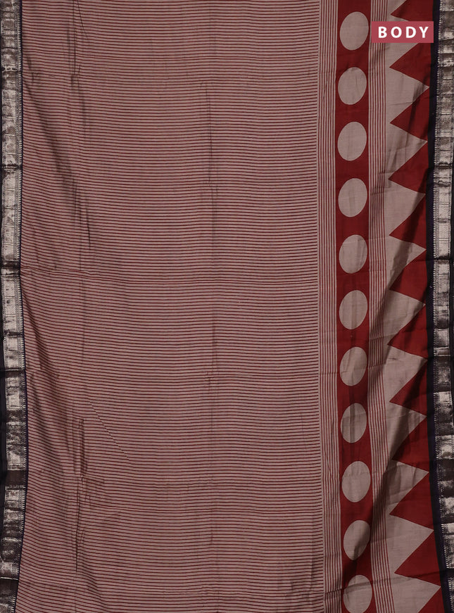 Semi maheswari cotton saree beige maroon and black with allover stripe prints and zari woven border