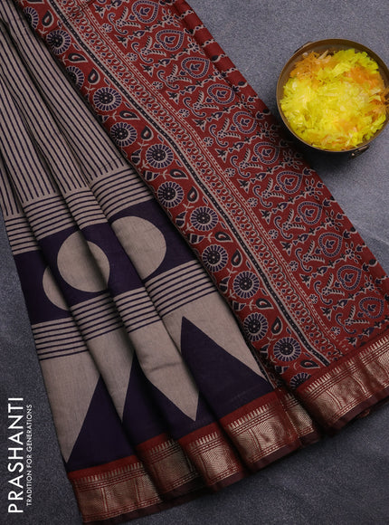 Semi maheswari cotton saree beige deep violet and maroon with allover stripe prints and zari woven border