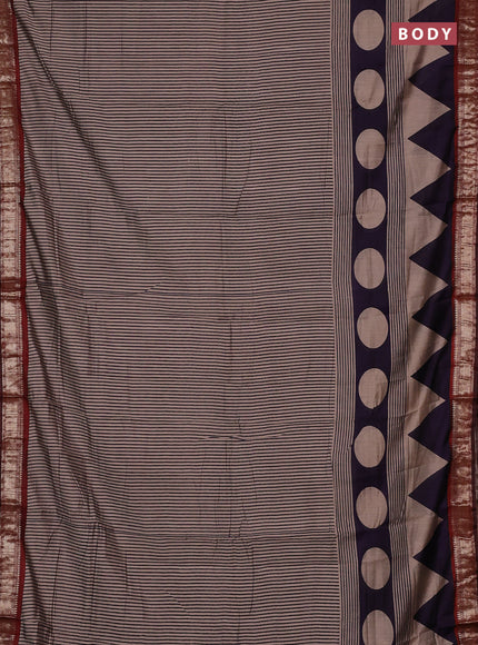 Semi maheswari cotton saree beige deep violet and maroon with allover stripe prints and zari woven border
