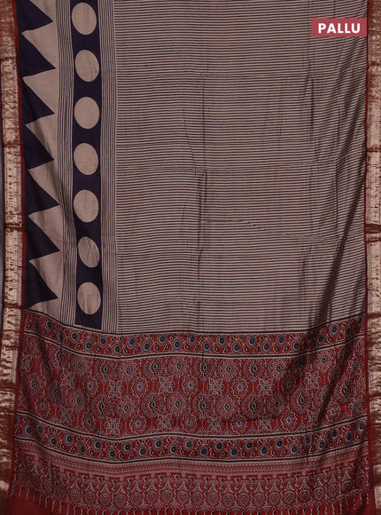 Semi maheswari cotton saree beige deep violet and maroon with allover stripe prints and zari woven border