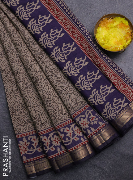 Semi maheswari cotton saree beige and navy blue with allover prints and zari woven border