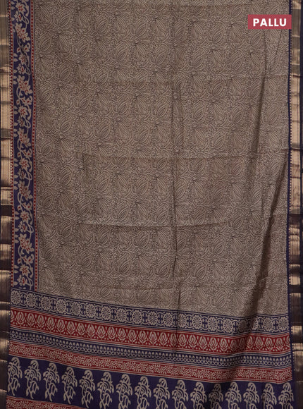 Semi maheswari cotton saree beige and navy blue with allover prints and zari woven border