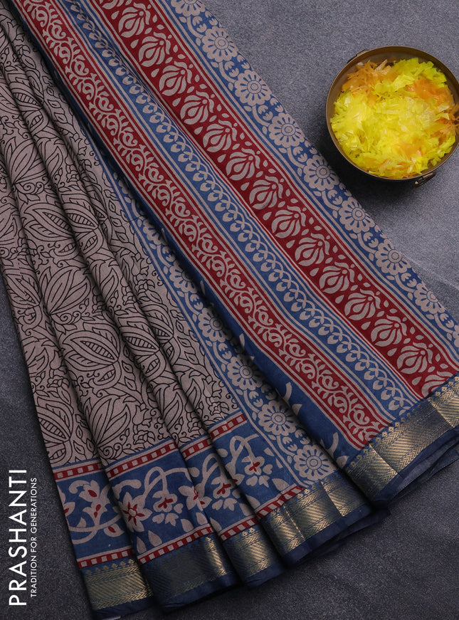 Semi maheswari cotton saree beige and peacock blue with allover prints and zari woven border