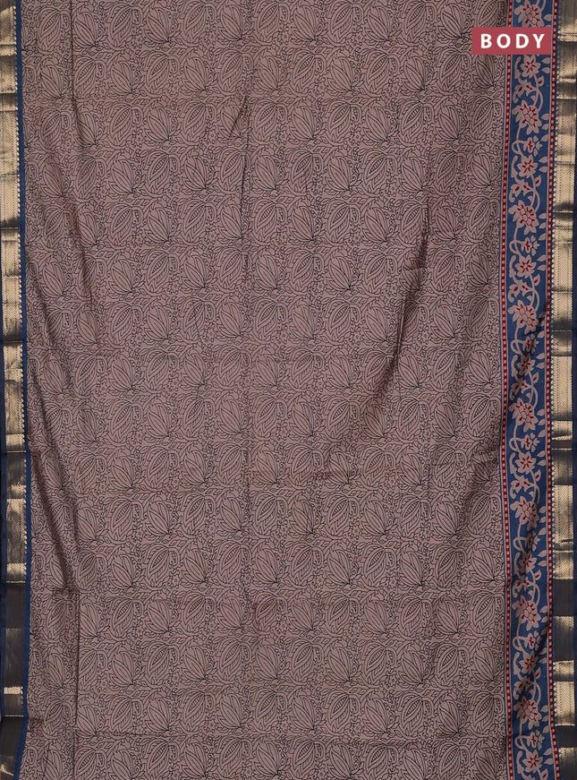 Semi maheswari cotton saree beige and peacock blue with allover prints and zari woven border
