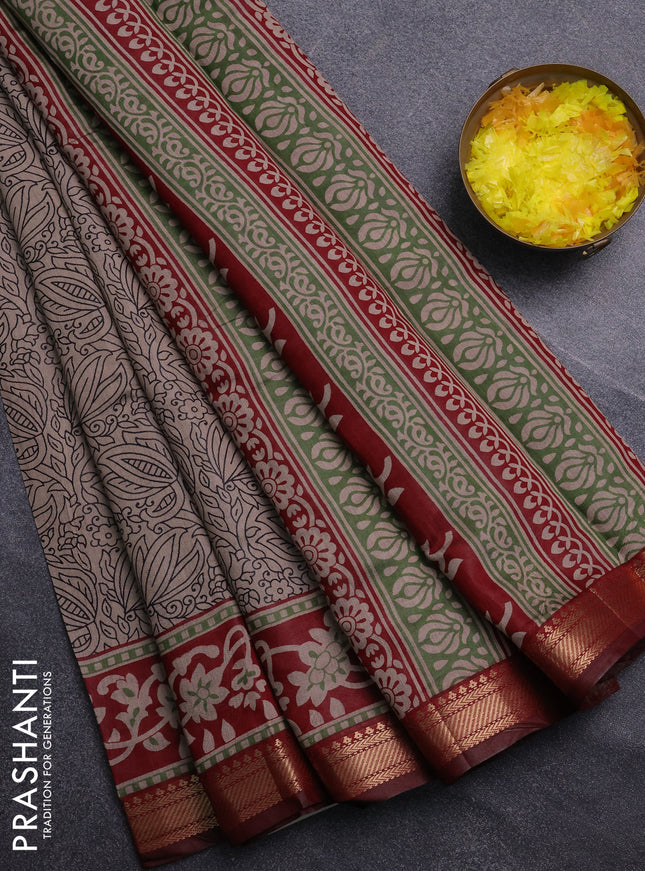 Semi maheswari cotton saree beige and maroon with allover prints and zari woven border