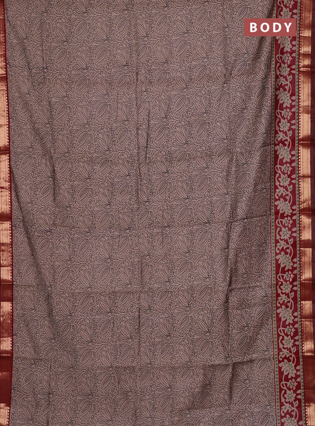 Semi maheswari cotton saree beige and maroon with allover prints and zari woven border