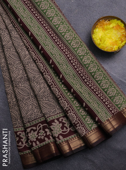Semi maheswari cotton saree beige and deep maroon with allover prints and zari woven border