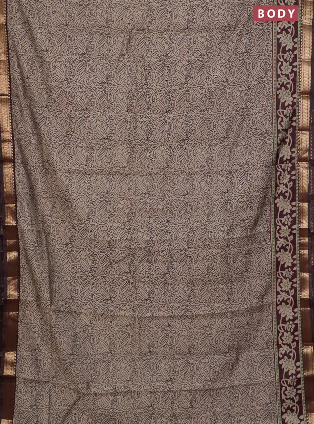 Semi maheswari cotton saree beige and deep maroon with allover prints and zari woven border