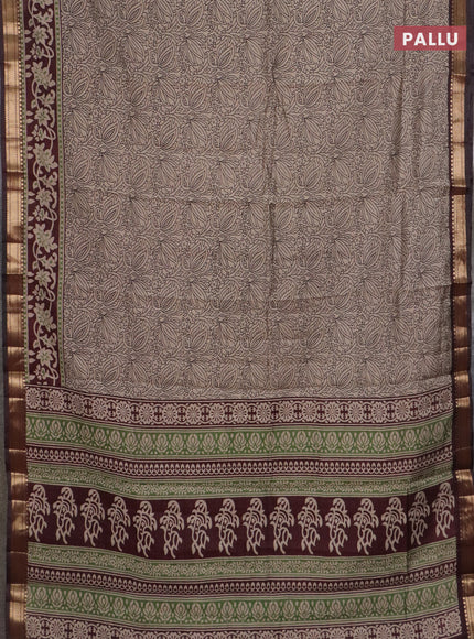 Semi maheswari cotton saree beige and deep maroon with allover prints and zari woven border
