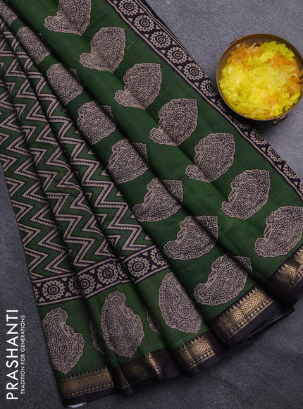 Semi maheswari cotton saree green and navy blue with allover zigzag prints and zari woven border