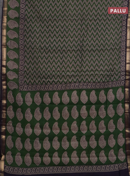 Semi maheswari cotton saree green and navy blue with allover zigzag prints and zari woven border