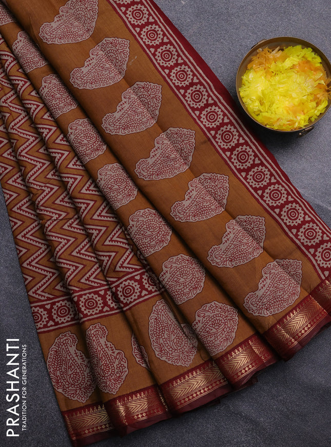 Semi maheswari cotton saree mustard yellow and deep maroon with allover zigzag prints and zari woven border