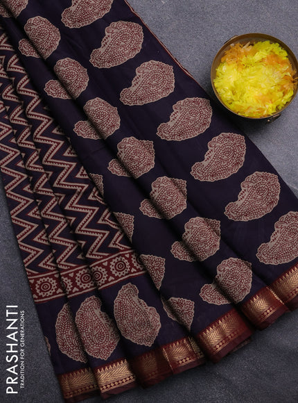 Semi maheswari cotton saree jamun shade and deep maroon with allover zigzag prints and zari woven border