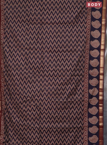 Semi maheswari cotton saree jamun shade and deep maroon with allover zigzag prints and zari woven border