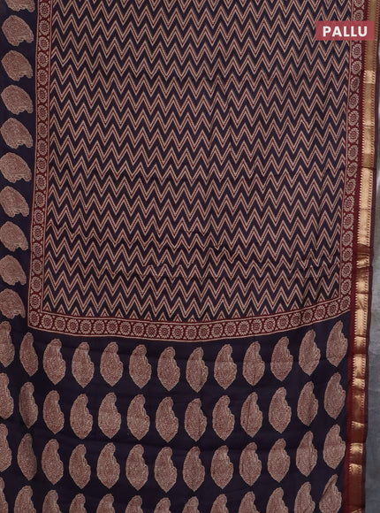 Semi maheswari cotton saree jamun shade and deep maroon with allover zigzag prints and zari woven border