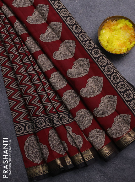 Semi maheswari cotton saree maroon with allover zigzag prints and zari woven border