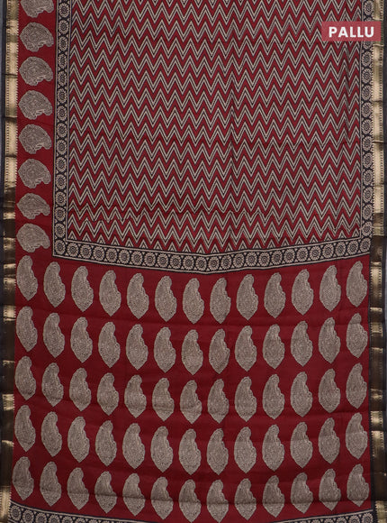 Semi maheswari cotton saree maroon with allover zigzag prints and zari woven border