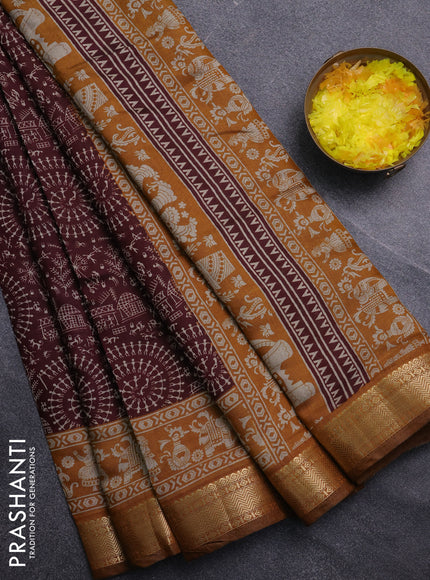 Semi maheswari cotton saree maroon and dark mustard with allover warli prints and zari woven border