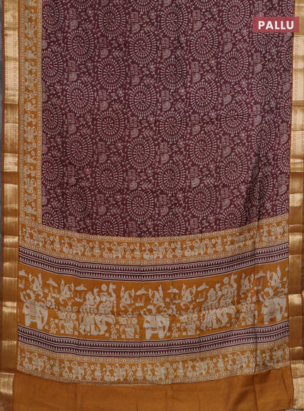 Semi maheswari cotton saree maroon and dark mustard with allover warli prints and zari woven border