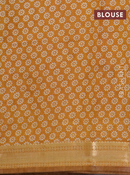 Semi maheswari cotton saree maroon and dark mustard with allover warli prints and zari woven border