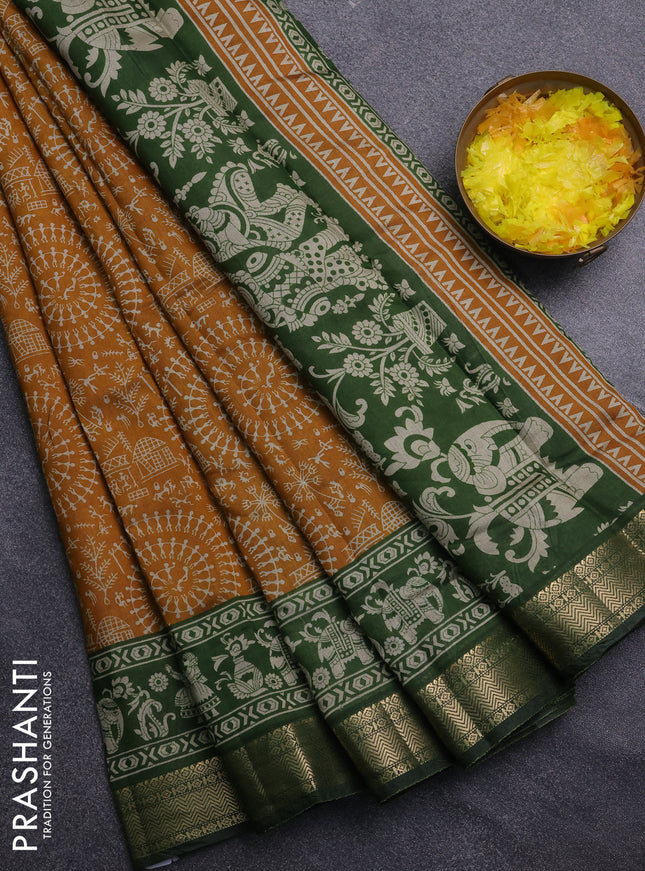 Semi maheswari cotton saree mustard yellow and sap green with allover warli prints and zari woven border