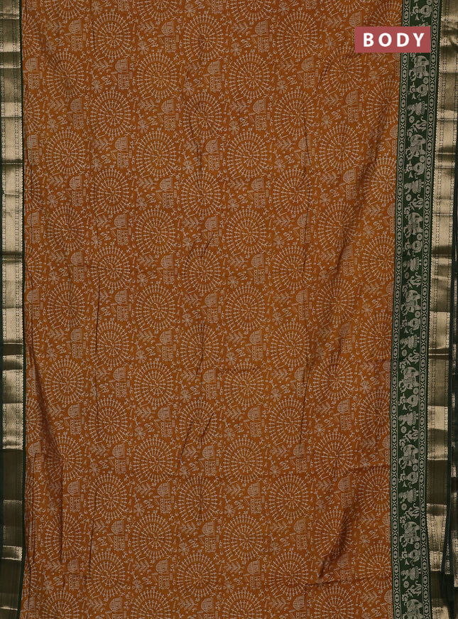 Semi maheswari cotton saree mustard yellow and sap green with allover warli prints and zari woven border