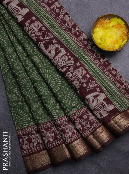 Semi maheswari cotton saree green and wine shade with allover warli prints and zari woven border