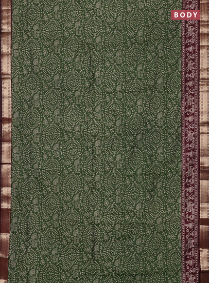 Semi maheswari cotton saree green and wine shade with allover warli prints and zari woven border