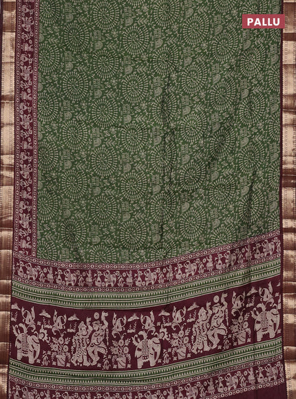 Semi maheswari cotton saree green and wine shade with allover warli prints and zari woven border