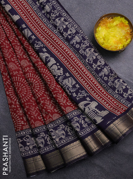Semi maheswari cotton saree maroon and navy blue with allover warli prints and zari woven border
