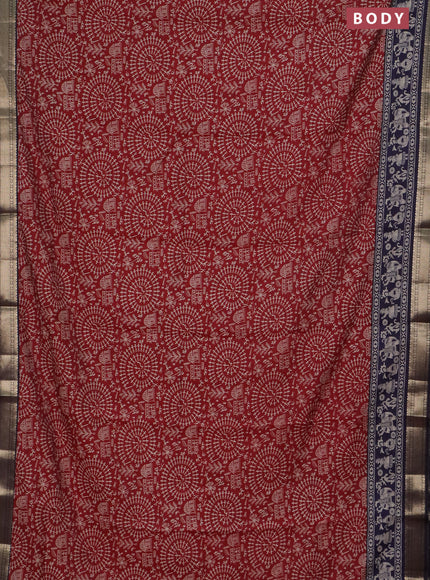 Semi maheswari cotton saree maroon and navy blue with allover warli prints and zari woven border