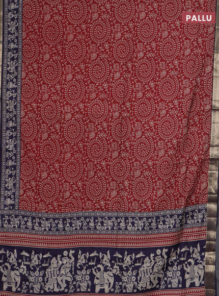 Semi maheswari cotton saree maroon and navy blue with allover warli prints and zari woven border
