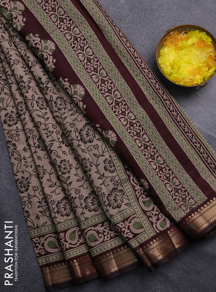 Semi maheswari cotton saree beige and coffee brown with allover prints and zari woven border