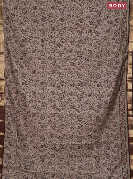 Semi maheswari cotton saree beige and coffee brown with allover prints and zari woven border