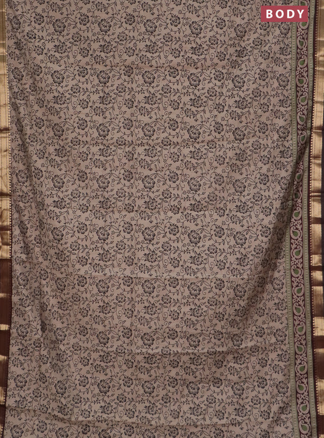 Semi maheswari cotton saree beige and coffee brown with allover prints and zari woven border