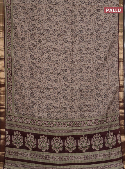 Semi maheswari cotton saree beige and coffee brown with allover prints and zari woven border